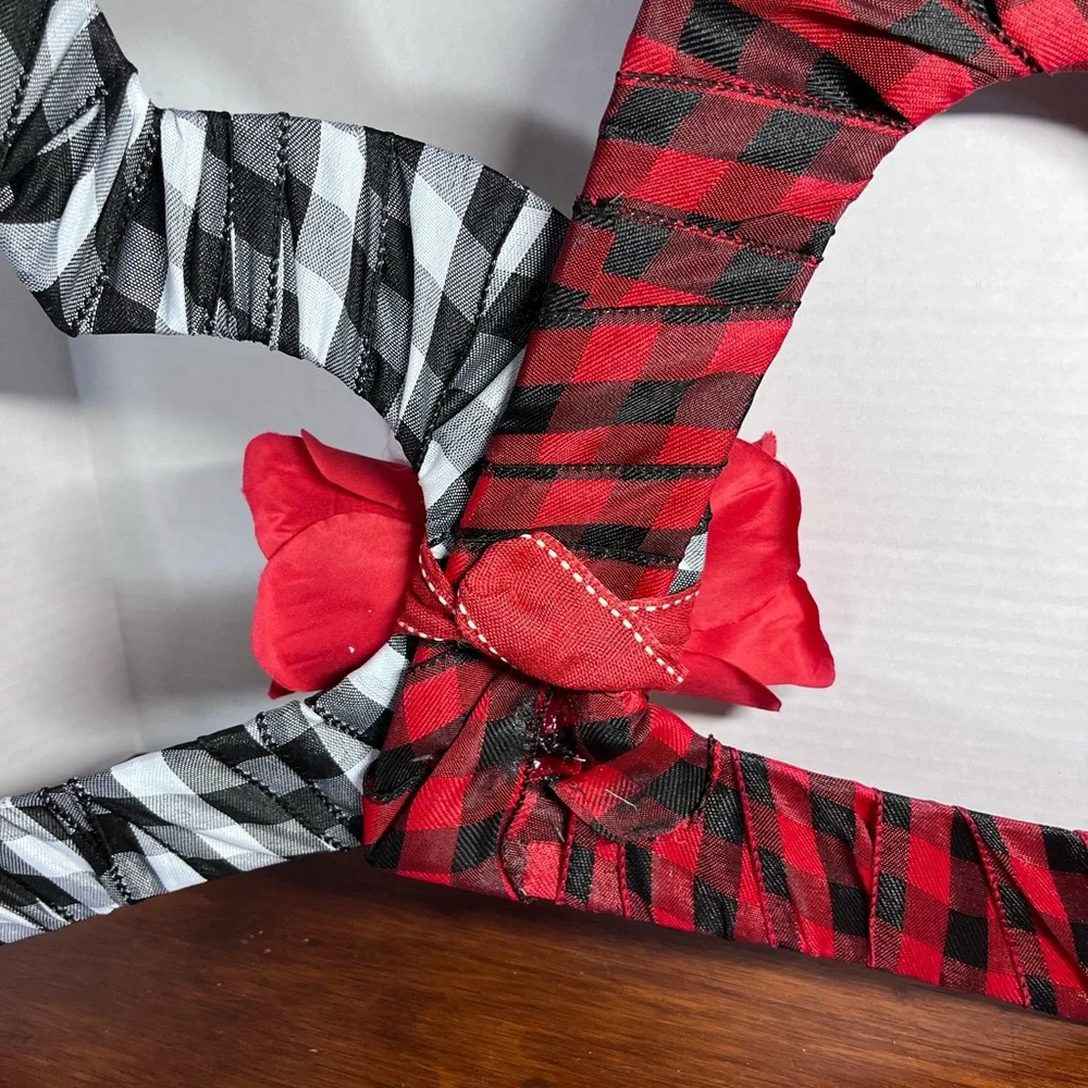 Large 24” Gingham Ribbon Wrapped Double Heart Wreath Decor Lumberjack